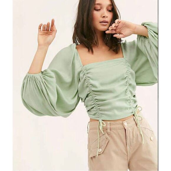 Free People laria Blouse Pleated Adjustable Drawstring Puff Sleeve bright Mint g - Picture 15 of 15